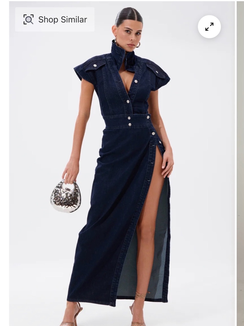 AKIRA Dark Blue Denim Maxi Dress with High Side Slit
